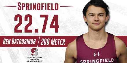 MTRACK: Another victory for #SpringfieldCollege as Benjamin Batoosingh grabbed first in the 200 meter with a mark of 22.74 seconds. #d3track