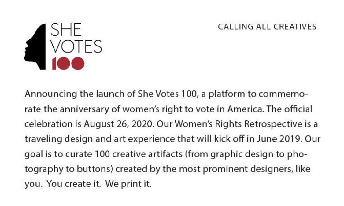 Creative friends, here’s a cool project for the long weekend: design a poster, shirt, etc for the anniversary of U.S. womens’ right to vote. Deadline extended to end of Feb. Check out <a href="/shevotes100/">shevotes100</a> bit.ly/2GuVAyG #shevotes100 #votingrights #genderequity #design @kiehner