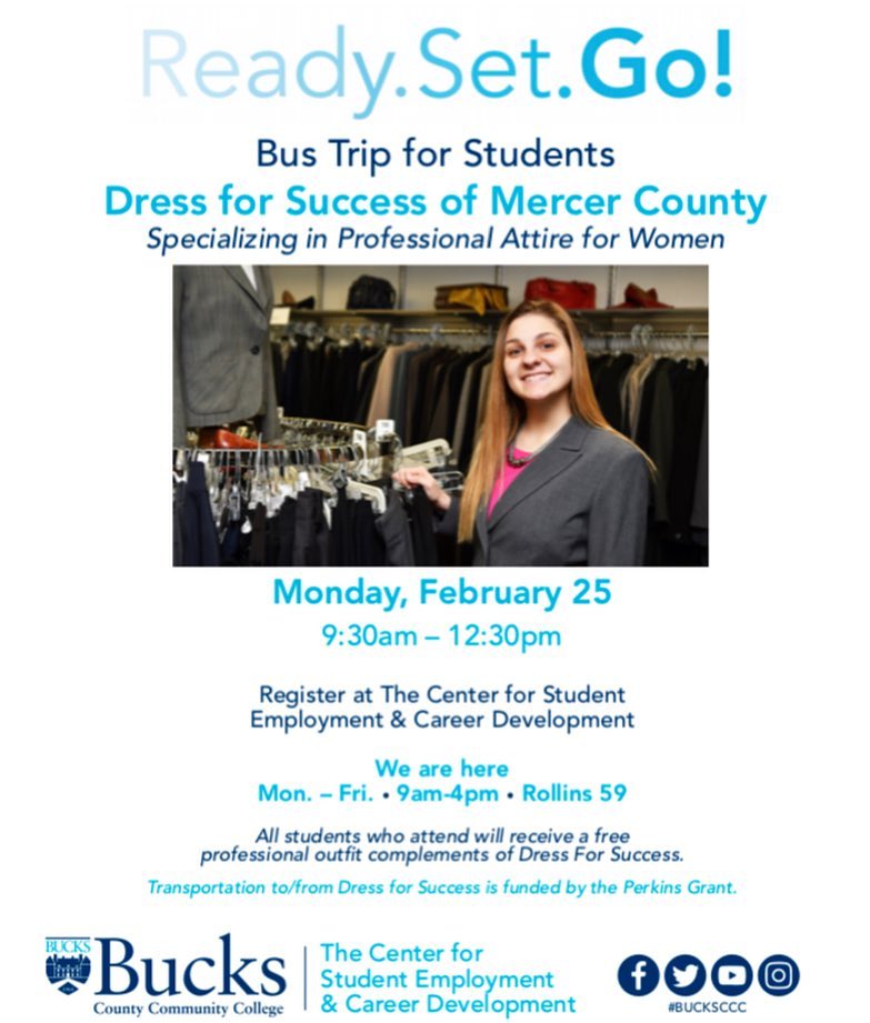Bucks_edu's tweet photo. Students - do you need some FREE professional attire to make a stellar first impression on job interviews? Then be sure to check out Dress for Success on 2/25! Register for this trip today by emailing career@bucks.edu 👔👚 #bucksccc #dressforsuccess #interviewattire https://t.co/9u2vyWem15