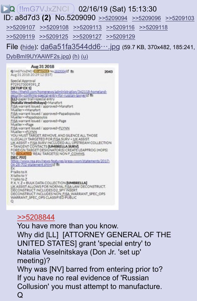 !!NEW Q - 2740!!15:30:30 EST Q replies to Anon post w/Nunez tweet below & adds previous Q drop:You have more than you know.Why did [LL] [ATTORNEY GENERAL OF THE UNITED STATES] grant 'special entry' to Natalia Veselnitskaya (Don Jr. 'set up' meeting)? #QAnon  @realDonaldTrump
