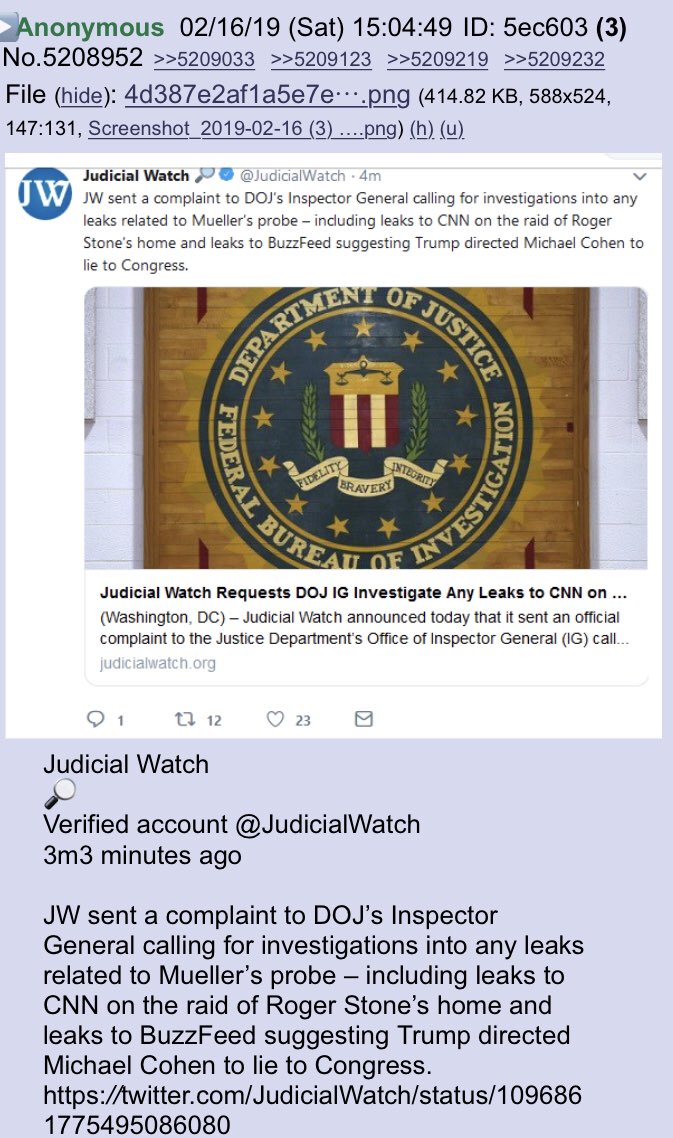 JW sent a complaint to DOJ’s Inspector General calling for investigations into any leaks related to Mueller’s probe on the raid of Roger Stone!! Anon notable!! #QAnon  #RogerStone  @realDonaldTrump