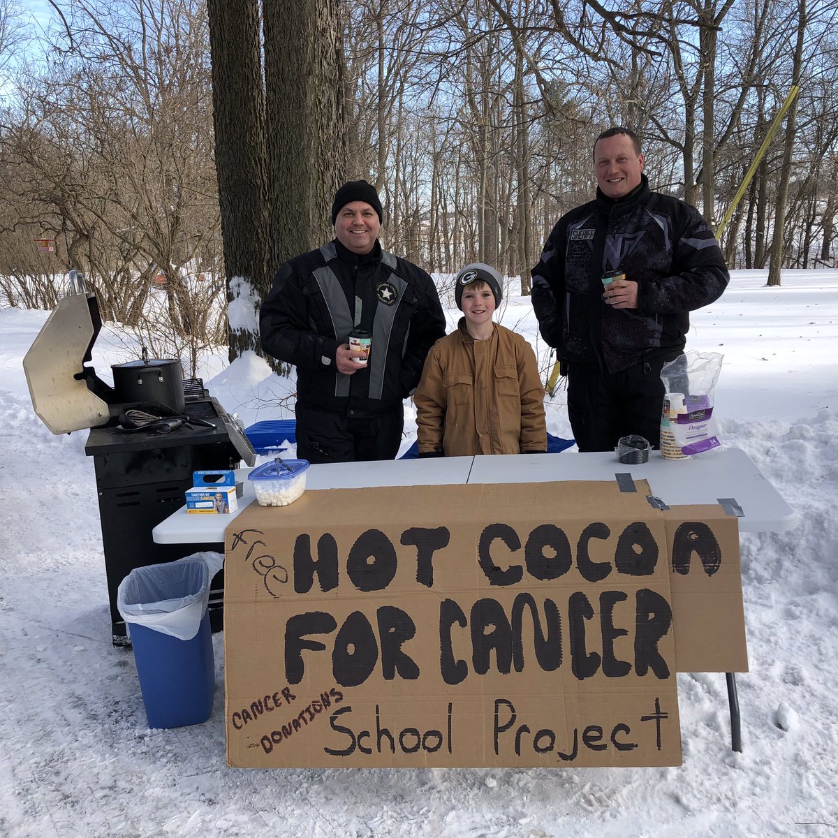 S/O to Thomas in Stephensville who set up a free hot chocolate stand next to the snowmobile trail.  Thomas is asking for donations for cancer. Deputy Woods and SSGT Linskens stopped by.