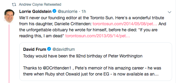 Very serious people are giving tributes to Peter Worthington on what would have been his 92nd birthday. More than any other Canadian journalist, Worthington defended apartheid South Africa and gave a platform pro-apartheid views. (See above thread).  #cdnpoli