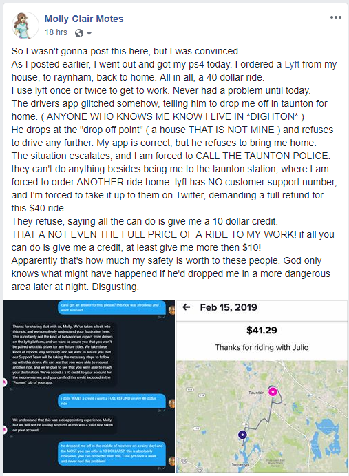 DaylitWriter's tweet image. okay so i've been mailing and calling @lyft since last night and they STILL refuse to give me my money back and the BEST they could do was a 10 dollar credit.
so if people could share this to raise awareness for this APPARENT DISREGARD FOR MY SAFETY that'd be great