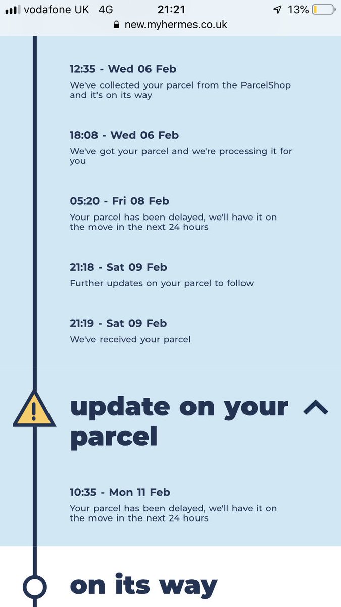 joshblease's tweet photo. @Hermesparcels hour 131 and it’s still not on the move.. https://t.co/yIoI0obOTI