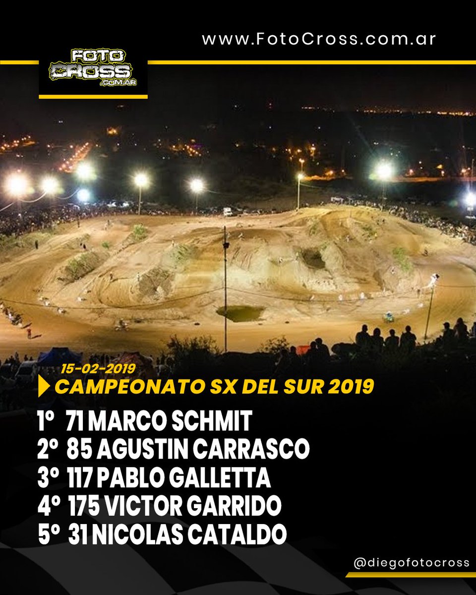 RESULTADOS 15-02-2019
 CAMPEONATO SX DEL SUR 2019
 1º 71 MARCO SCHMIT
 2º 85 AGUSTIN CARRASCO
 3º 117 PABLO GALLETTA    
 4º 175 VICTOR GARRIDO    
 5º 31 NICOLAS CATALDO
 fotocross.com.ar

 Saludos, Diegaaa!! Diega #sx #neuquen #nacional #mx #motocross #fotocross #diegaaa