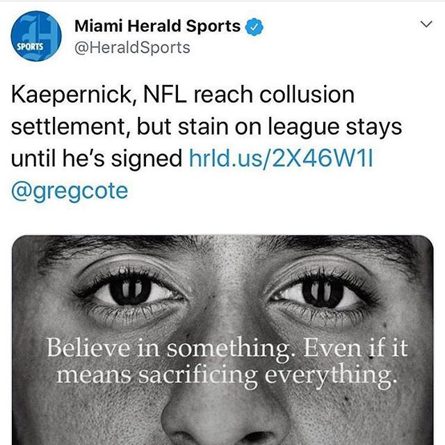 Repost @yourrightscamp .
.
.
Share your thoughts below! #imwithkap #kaepernick #nfl #collusion #settlement #bewhoyouare #unapologeticallydifferent http://bit.ly/2N8xN8k