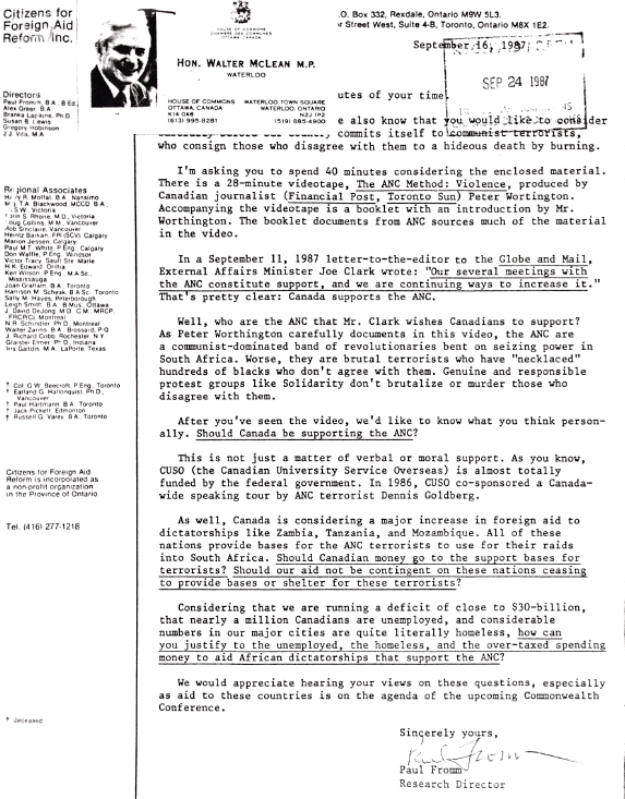 Citizens for Foreign Aid Reform, a far-right group led by white supremacist Paul Fromm, paid to distribute Peter Worthington's anti-ANC documentary to all Members of Parliament. Here's Fromm's letter to MPs (which cabinet minister Walter McLean forwarded to the ANC)  #cdnpoli