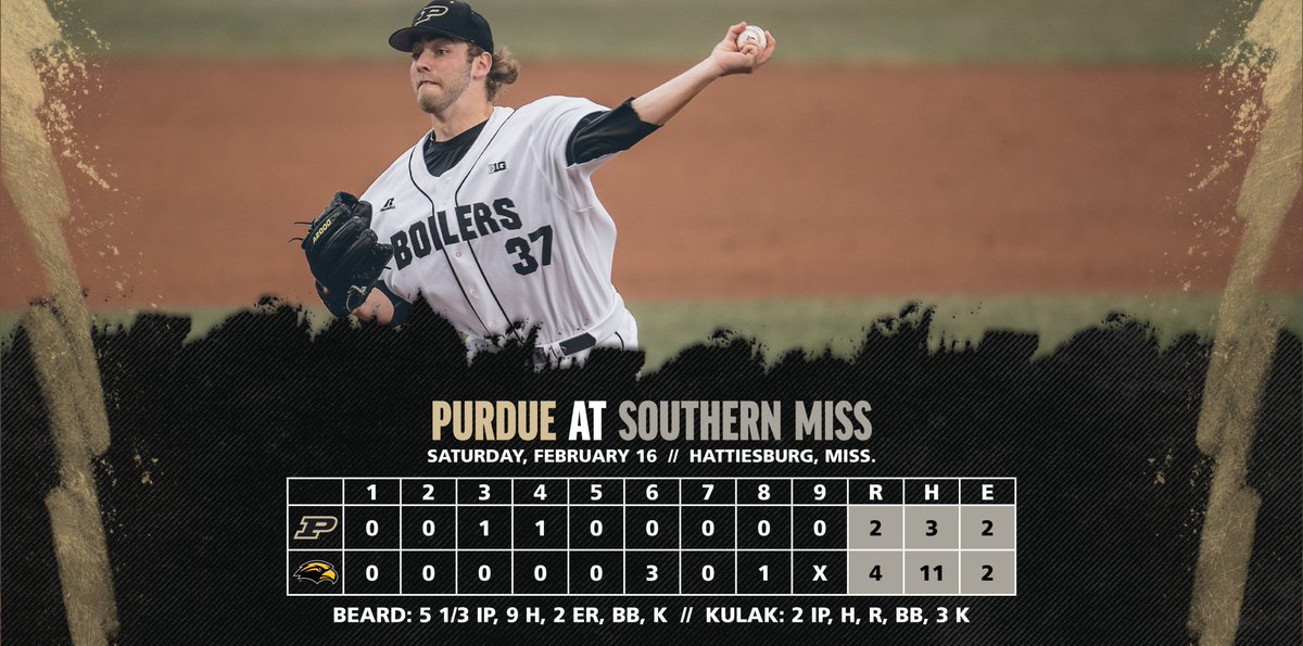 PurdueBaseball's tweet image. #Purdue scored first again &amp;amp; built another 2-run lead, but USM singled its way to a big inning. Ryan Beard put together his best outing away from Alexander as a Boilermaker. Sunday's game now at 11:30am ET.

Recap: boile.rs/2EeldSg
Box Score: boile.rs/2BFhXh3