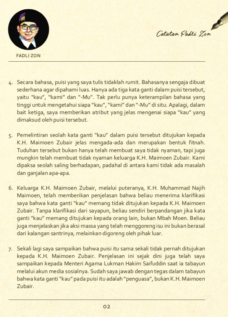 Klarifikasi Fadli Zon soal puisi Doa yang Ditukar.