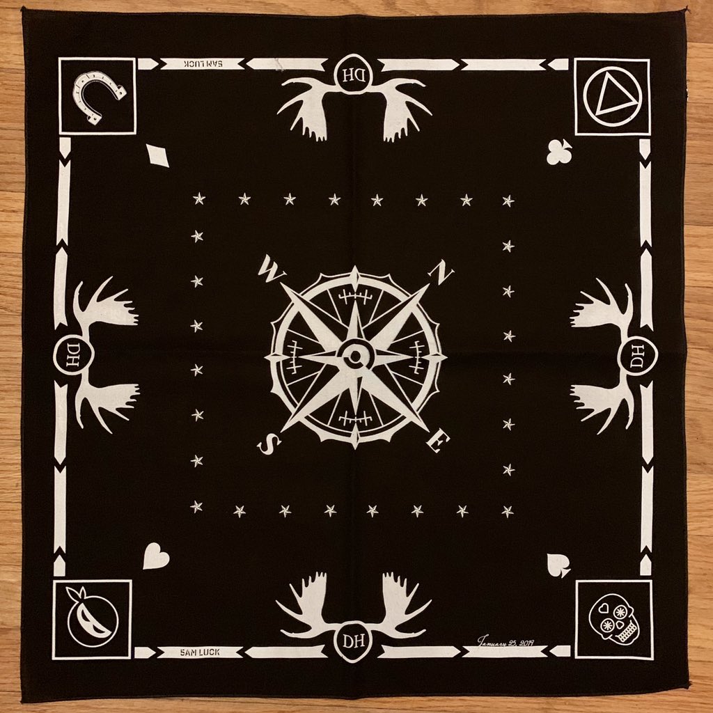 TrishTunney's tweet photo. Designed a bandana for Dee’s epic birthday trip. Thinking of taking up silkscreening now. https://t.co/RCwyA2T5Fr