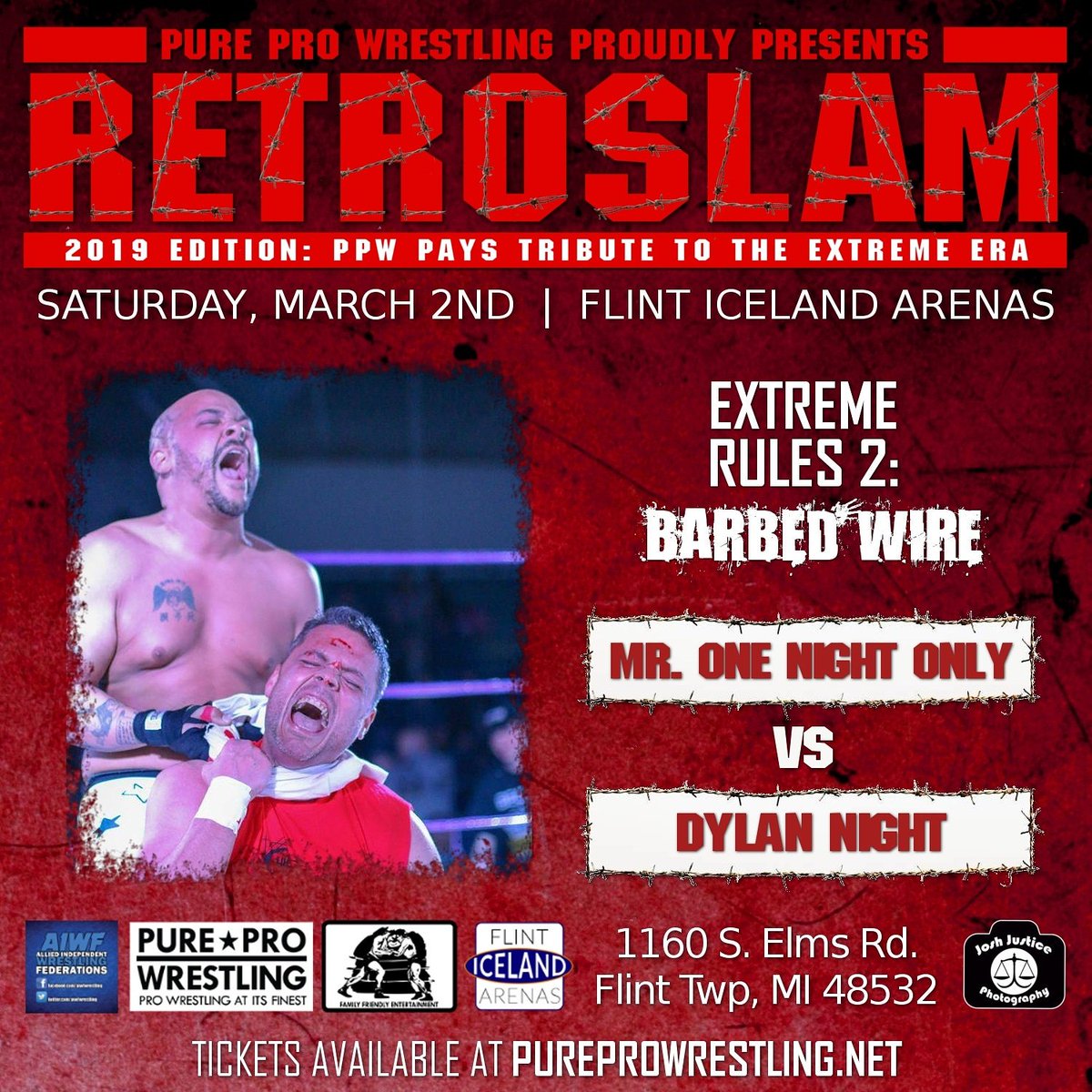PPWPower's tweet photo. You dont want to miss this one #PPW fans! March 2nd @IcelandFlint #RetroSlam! @MrOneNightOnly1 & #HighProfile Dylan Night will square off in #ExtremeRules II: Barbed Wire! Get tix https://t.co/dOPWhd9sq2
#ProWrestling #indywrestling #Michigan #Flint #flintmichigan #barbedwire https://t.co/h6DisvGJ74