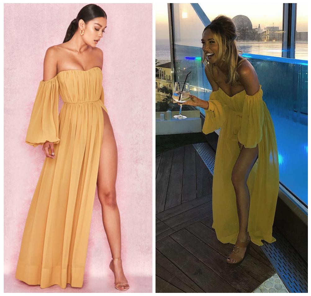 #Spotted Megan Mckenna in Mustard Chiffon Dress 🧡 Details here spotted.tv/spots/megan-mc…