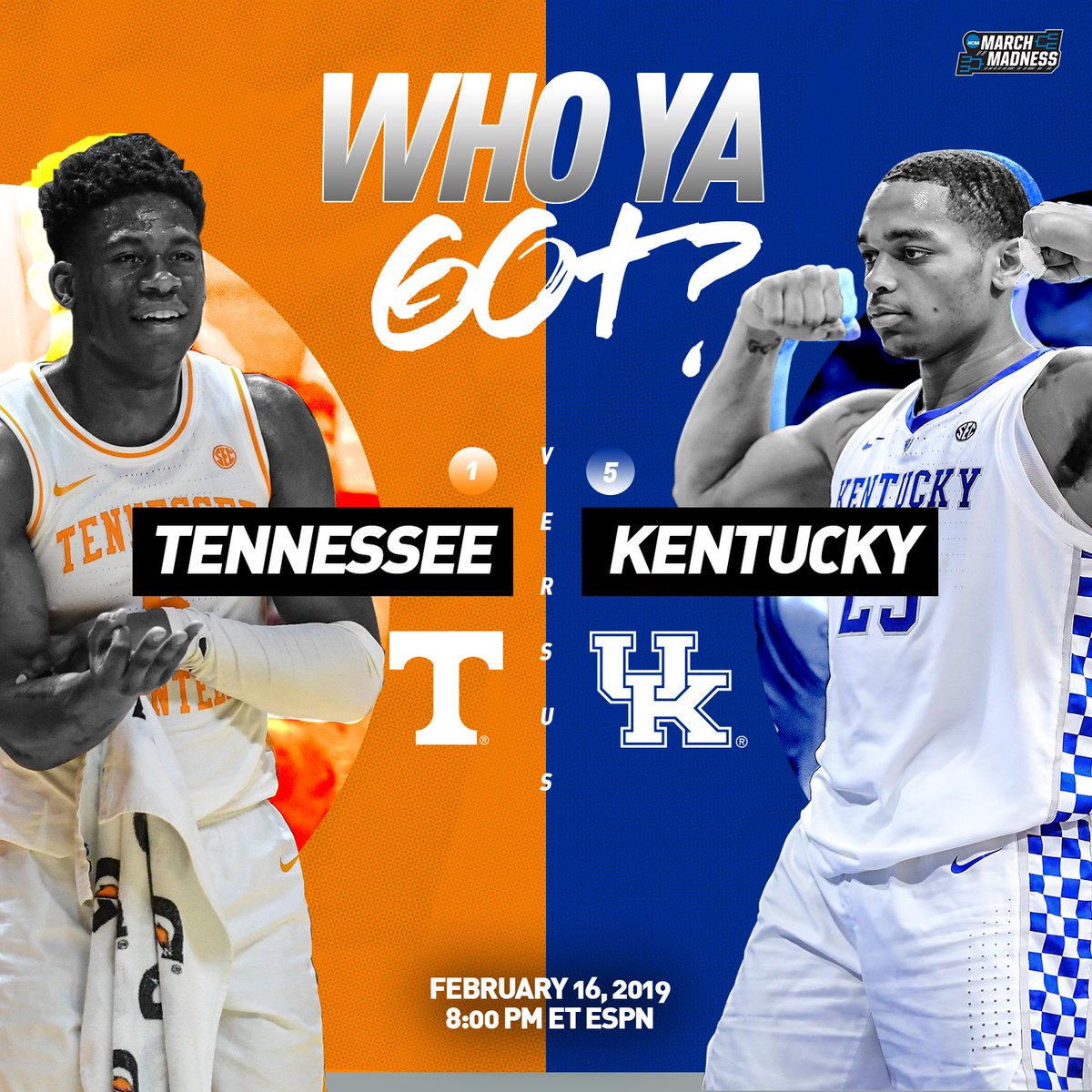 It's going down in Rupp Arena. 🔥
No. 1 Tennessee.
No. 5 Kentucky.
Who ya got?
