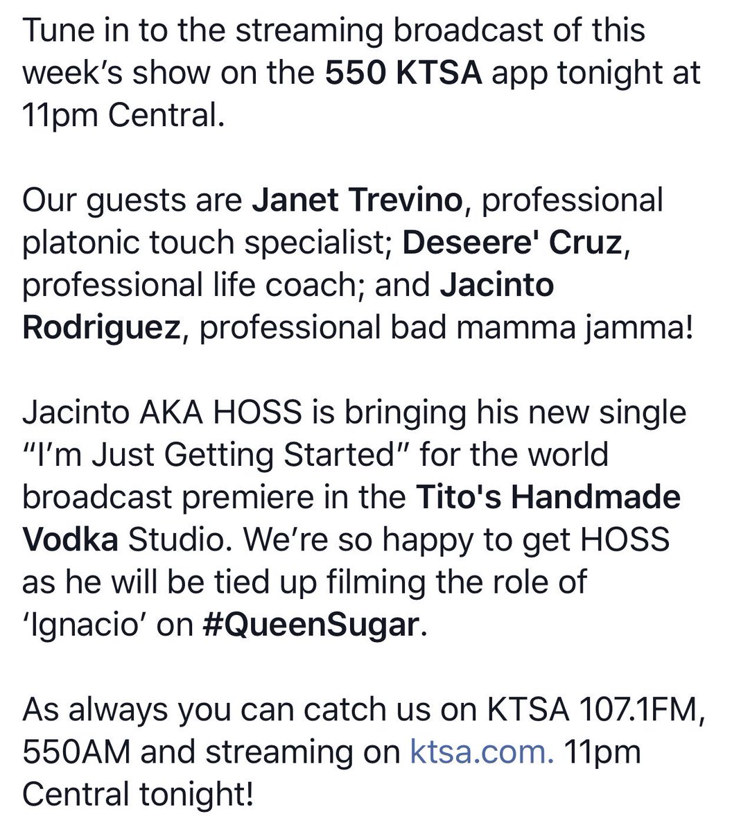satsupershow's tweet photo. Tune in for a pro #Cuddlist / #platonictouchspecialist Janet Trevino, pro life coach #DeseereMCruz and professional #BadMammaJamma #HOSS aka @Jacinto_3 with his brand new song #ImJustGettingStarted. Tune in tonight @550KTSA app, https://t.co/cmTF9GtOlQ or 107.1FM/550AM in Texas. https://t.co/eflpzTzHuE