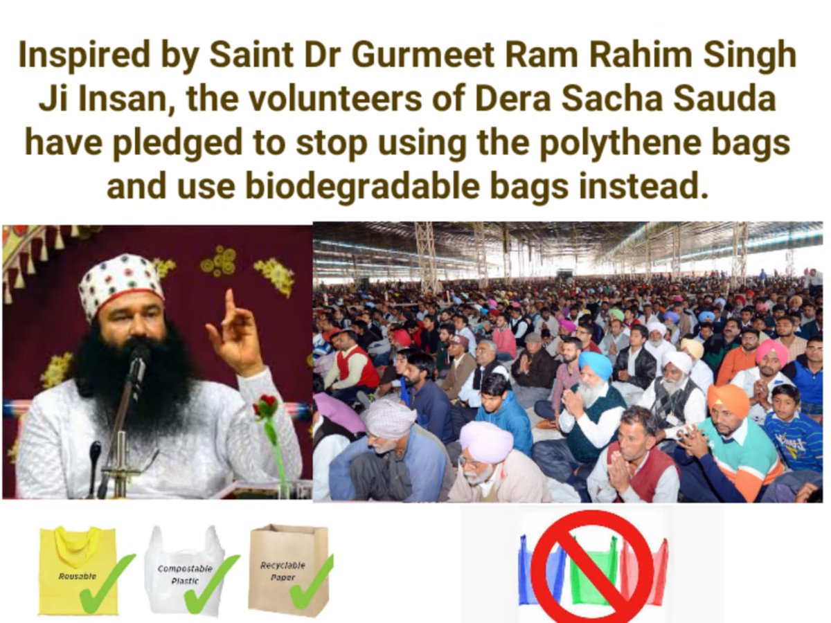 ksushma140's tweet photo. #GoGreenStopPolythene say no to polythene switch cloth or paper bags. With inspiration of saint @Gurmeetramrahim ji million @derasachasauda followers hv pledged to using biodegradable bags insted of non biodegradable in order to serve the mother earth. https://t.co/EnYKoSYFh4