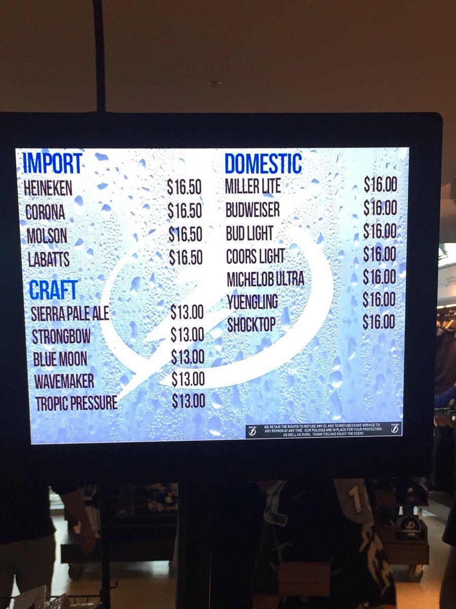 StuCowan1's tweet photo. If you think beer prices at Bell Centre are expensive for #Habs games check out these prices at Amalie Arena in Tampa for Lightning games - AND it’s US dollars #HabsIO https://t.co/cbn7KMnnxL
