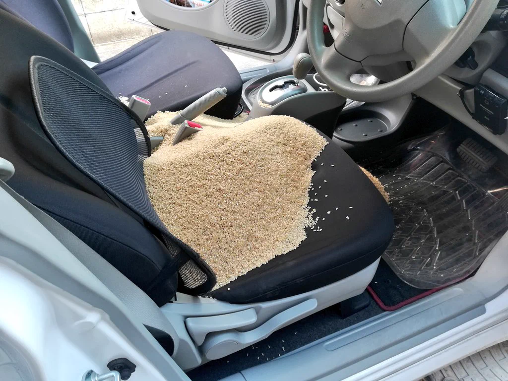 これは悲報wwなぜか車内に玄米が散乱しているのだがww