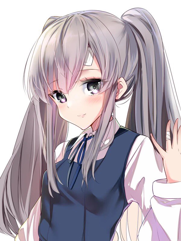 yukoku kiriko 1girl solo twintails grey hair white background simple background long hair  illustration images