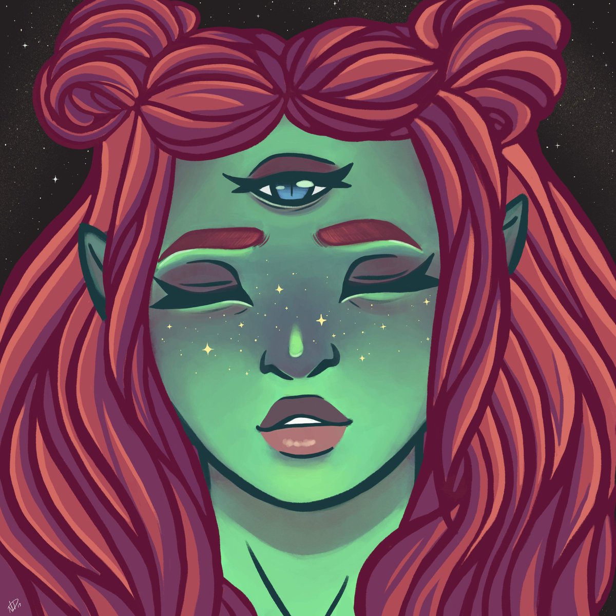 nealedraws's tweet photo. 'Star Kissed'
#alien #thirdeye #stars #space #hairbuns #green #pink #drawing #illustration #freckles #digitalart #digital #digitalblending #digitalpainting #ipadprocreate #procreate #ipadproart #art #artist #myart #artistontwitter https://t.co/9Xj0DYemUy