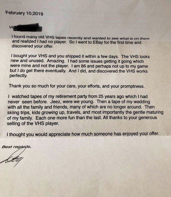 86 Year Old Man Sends Thank You Letter To Man Who Sold Him Vcr On Ebay