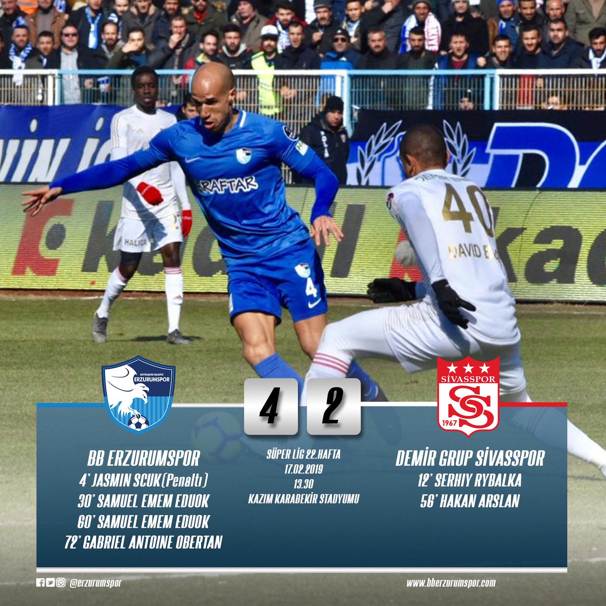 ✔MAÇ SONUCU
<a href="/Erzurumspor/">Erzurumspor FK</a> 4 - <a href="/SivassporKulubu/">Sivasspor</a>  2
#erzurumspor #superlig