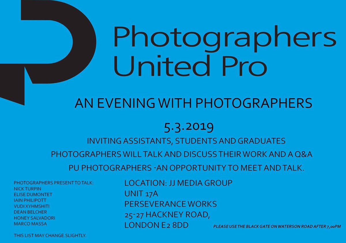 NickTurpin's tweet photo. This seems like an apt moment to invite photo students and recent graduates to an evening with experienced professional photographers run by Photographers United and hosted by the JJ Media studio group in Shoreditch. Discuss your direction and career informally. https://t.co/b4dJ7ccSuu