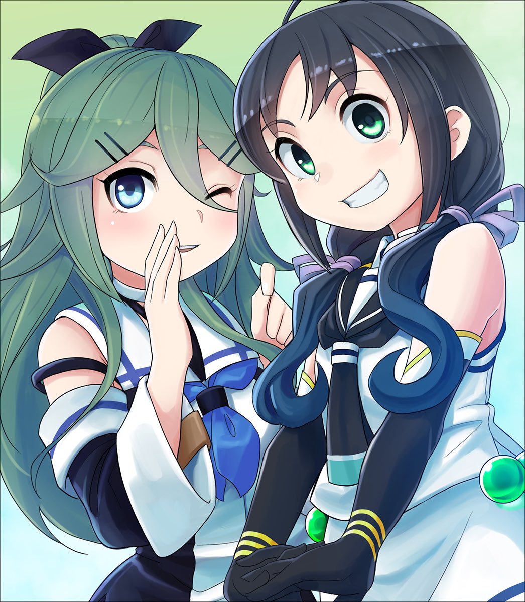 suzukaze (kancolle) ,yamakaze (kancolle) multiple girls 2girls long hair serafuku green eyes one eye closed school uniform  illustration images