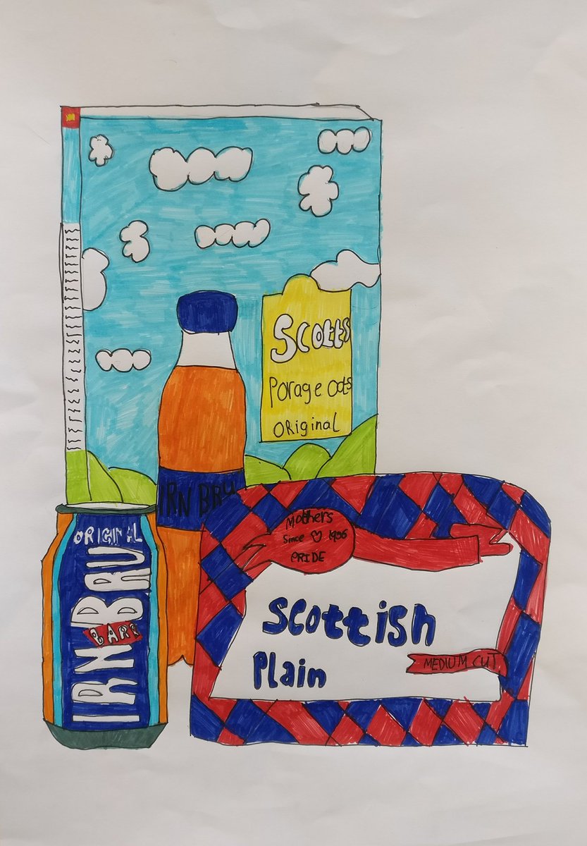 A snippet of a some of the S2's work. Inspired by Scottish food products and the wonderful work of @gilliankyle, they will be printing their artworks onto tote bags shortly! 🎨 #artanddesign #scottishproducts #angus #brechin @BrechinHigh1 @1959Bath  @brechinhparents