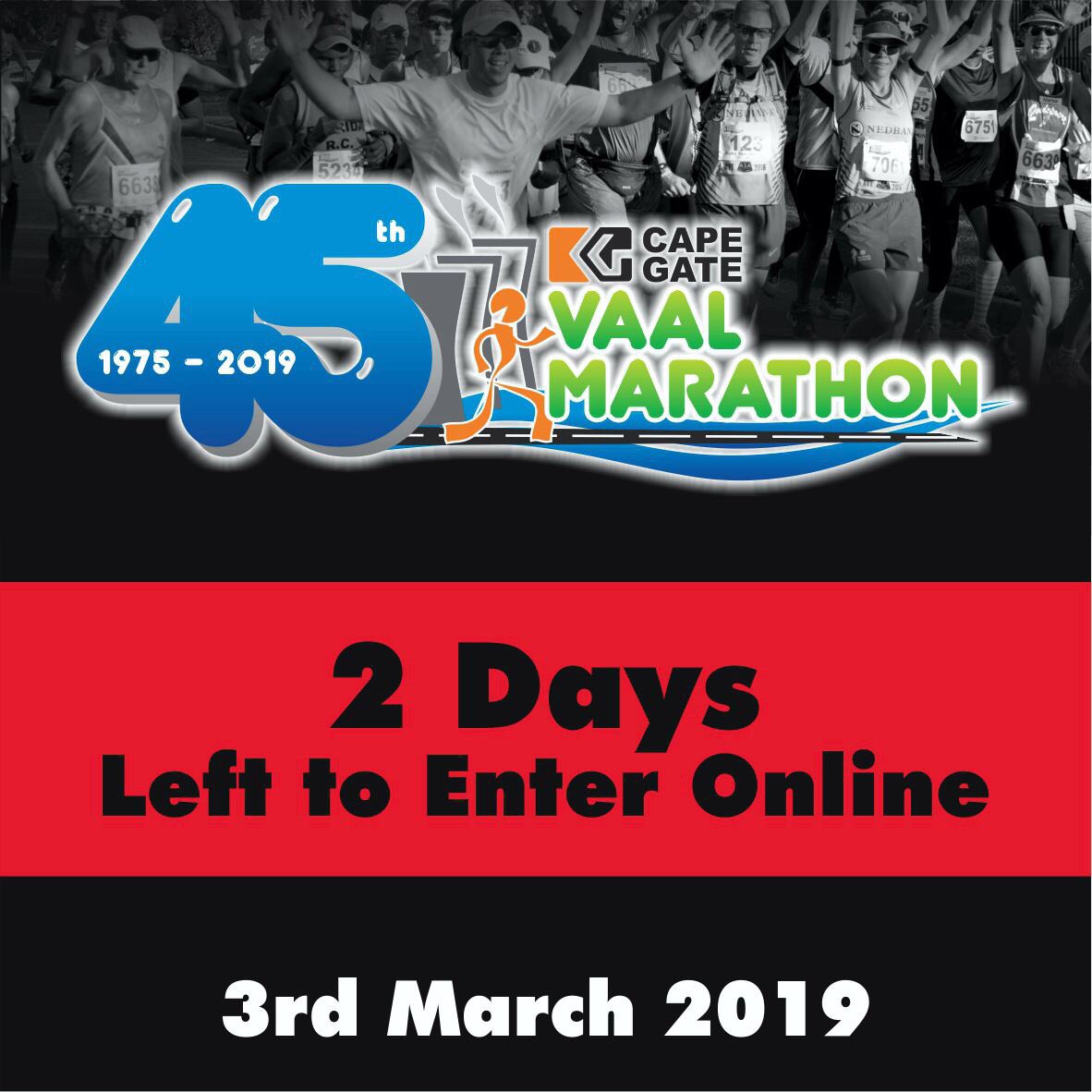 vaalmarathon's tweet photo. Tomorrow is the last day to secure your entry online to our 45th anniversary races.

ENTER HERE: https://t.co/Bud9dnWpW5

5km - 231
10k - 178
21.1km - 91
42.2km - Sold Out

The 42.2km &amp; 21.1km races are PRE-ENTRY ONLY. No entries will be sold on race more for these 2 distances. https://t.co/Ek7gpAnNfr