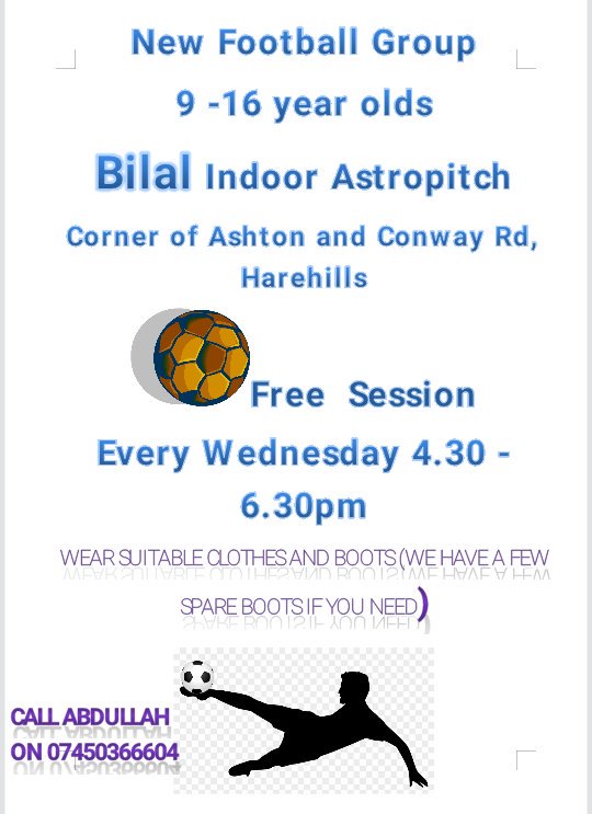 Great football opportunity for 9-16 yr olds in #Harehills via <a href="/Touchstone_Spt/">Touchstone</a> volunteer.
Further info <a href="/nicklalvani1/">Nicholas Lalvani</a>