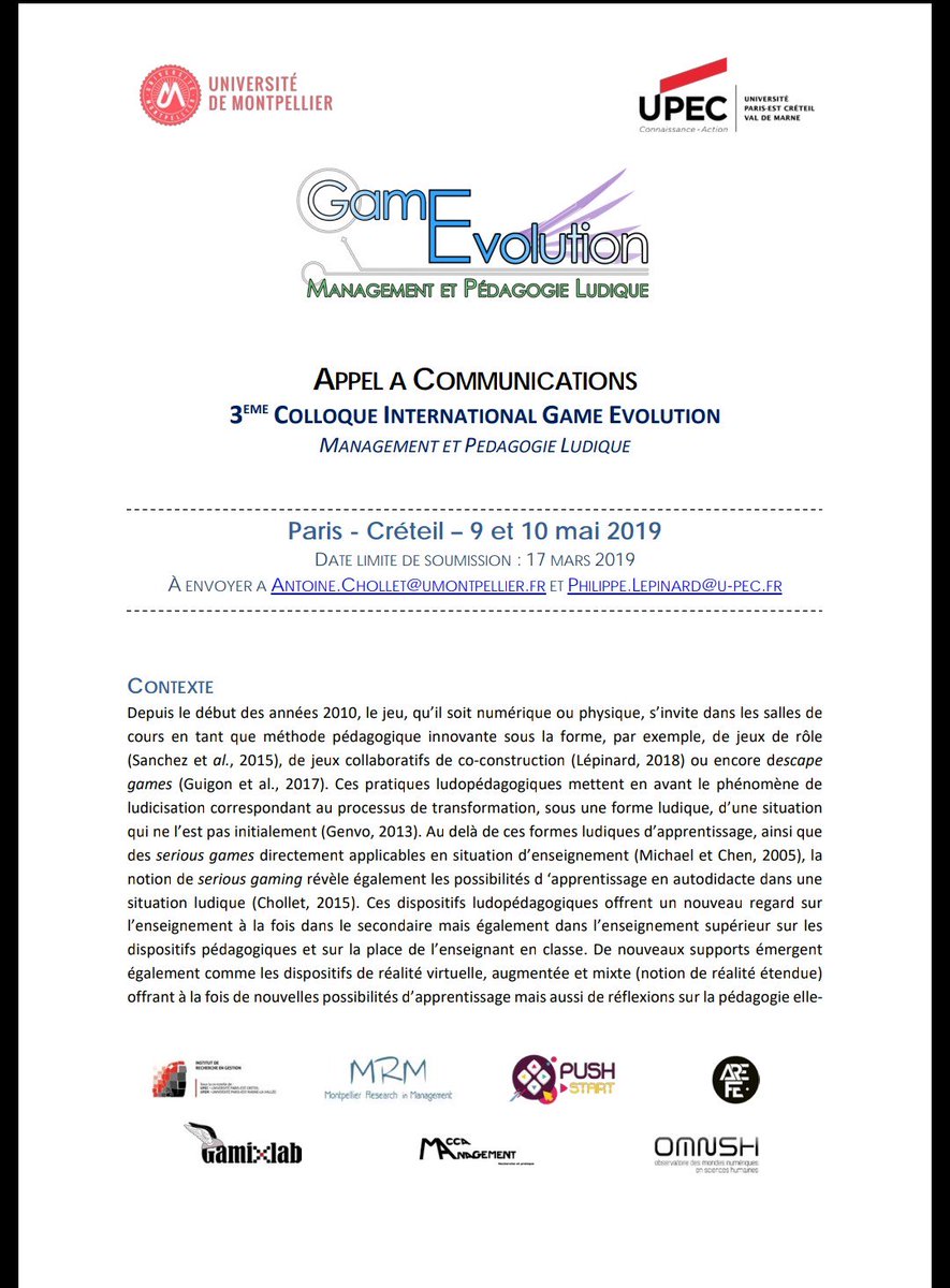 AREF_Esport's tweet image. Appel à Communications pour la 3e édition du colloque #GameEvolution qui fait la part belle à l&apos;esport.
L&apos;événement scientifique habituellement porté seul par @Antoine_Chollet prend de l&apos;ampleur (💪) et se déroulera pour la première fois à l&apos;@UPECactus les 9/10 mai 2019.