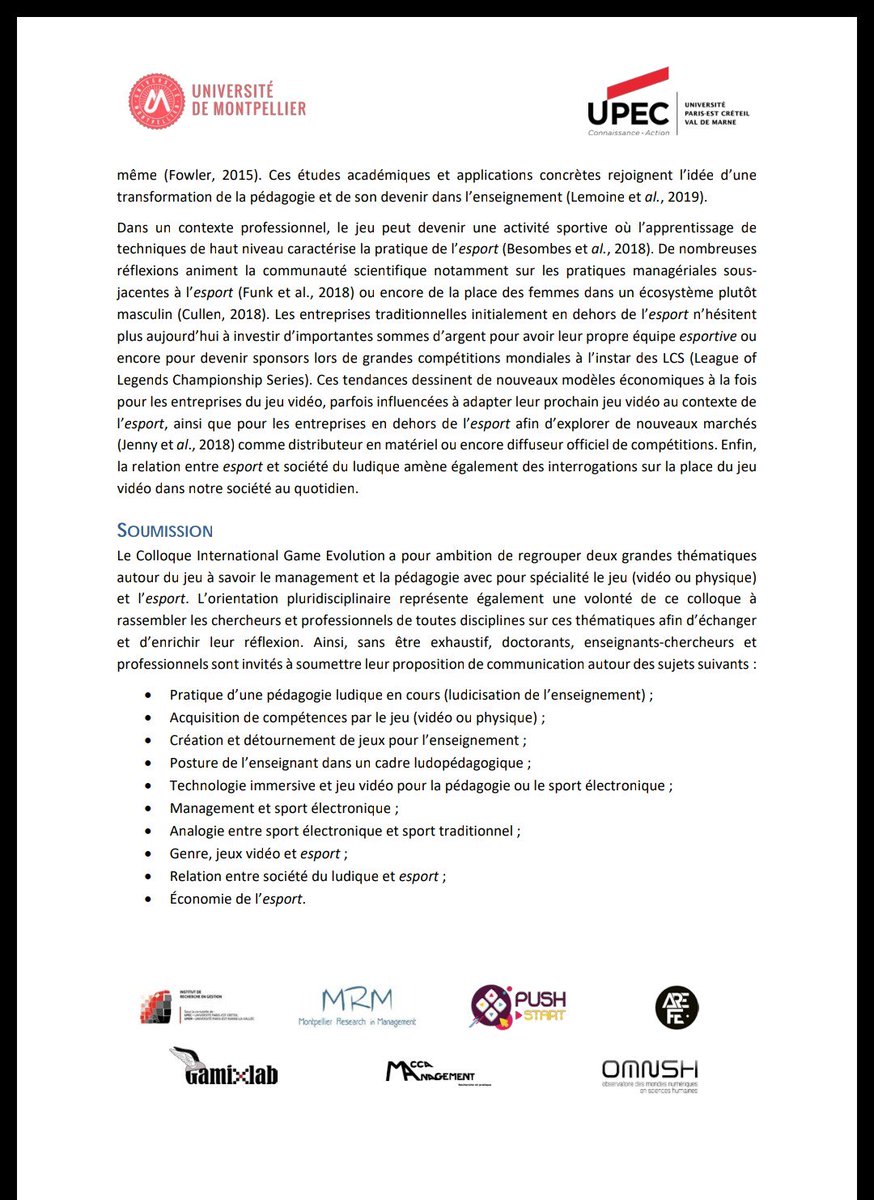 AREF_Esport's tweet image. Appel à Communications pour la 3e édition du colloque #GameEvolution qui fait la part belle à l&apos;esport.
L&apos;événement scientifique habituellement porté seul par @Antoine_Chollet prend de l&apos;ampleur (💪) et se déroulera pour la première fois à l&apos;@UPECactus les 9/10 mai 2019.