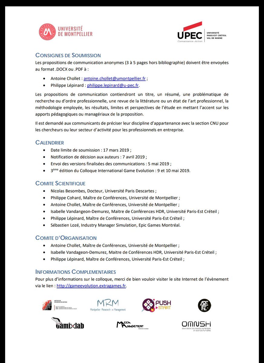 AREF_Esport's tweet image. Appel à Communications pour la 3e édition du colloque #GameEvolution qui fait la part belle à l&apos;esport.
L&apos;événement scientifique habituellement porté seul par @Antoine_Chollet prend de l&apos;ampleur (💪) et se déroulera pour la première fois à l&apos;@UPECactus les 9/10 mai 2019.
