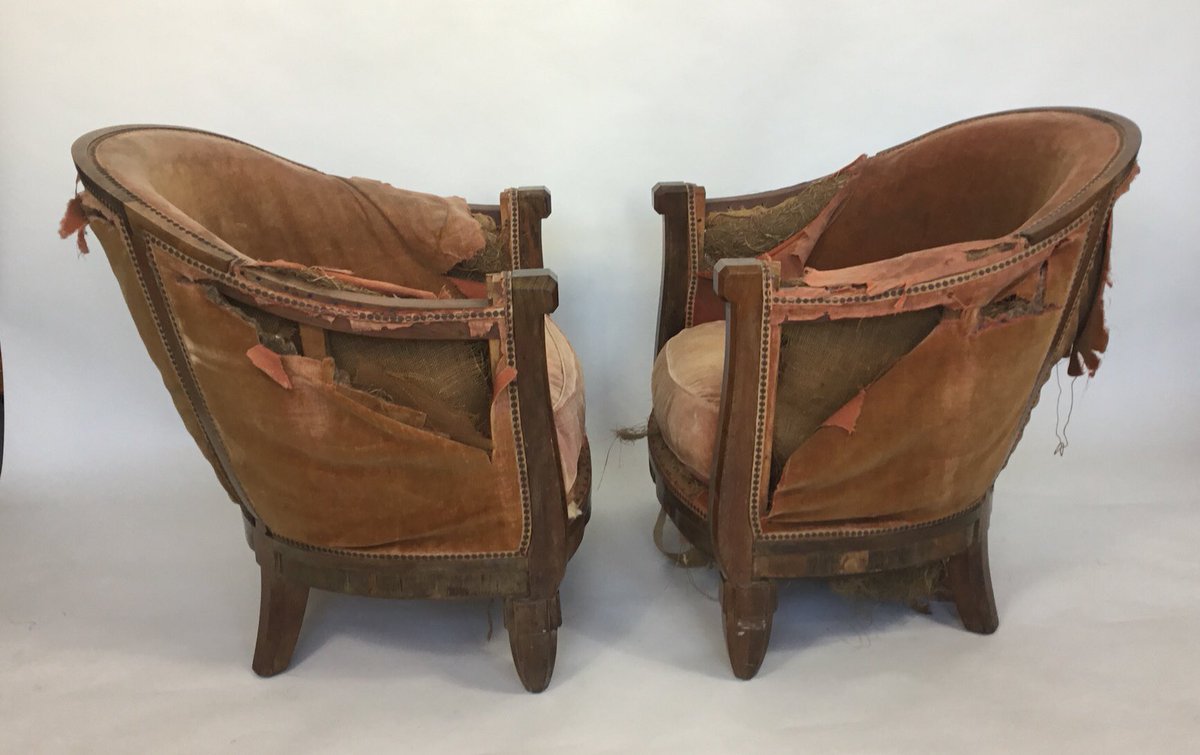 An exceptional beautiful pair of chairs in the style of Ruhlmann in for full restoration and upholstery. Left untouched for nearly 90 years #TunbridgeWells #kent #traditionalupholstery #restoration #Original #craft #skill