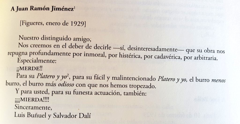 La carta que Buñuel y Dalí enviaron a Juan Ramón Jiménez a propósito de 'Platero y yo'. Desde luego, la gente se decía barbaridades mucho antes de Twitter.