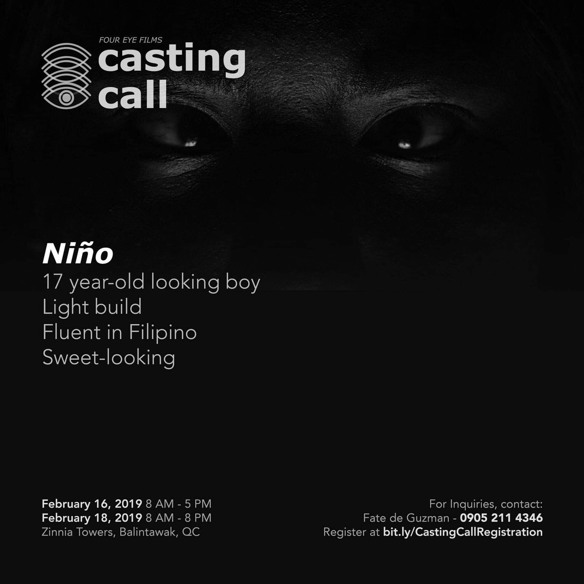 foureyefilmsph's tweet photo. DONT MISS OUT THIS EYE-OPENING EXPERIENCE

What: Casting Call Auditions for a short film
Where: Zinnia Towers, Balintawak, Quezon City
WHEN:  Feb 18 (8am to 8pm)

Talent fees, food and transpo will be provided

Register at: https://t.co/8lnLfPbCU4 https://t.co/qKjLsa94A6