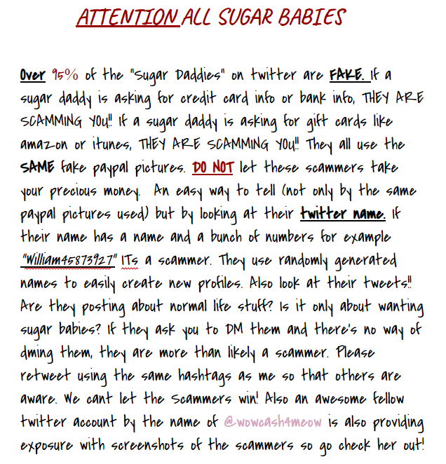 mew_puppy's tweet photo. #sugardaddy #sugarbaby #sugarbabyneeded #sugardaddywanted #scam #scammer Sugar babies, please take a moment to read below. https://t.co/PQTYQ55yLI