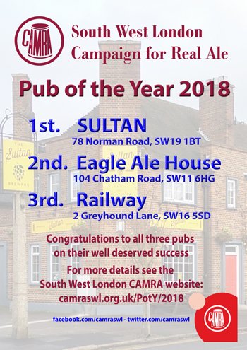 <a href="/CAMRAswl/">CAMRA SW London</a>  Pub of the Year 2018 result: 1st <a href="/SultanBrewpub/">The Sultan</a> SW19; 2nd @EagleAleHouse SW11; 3rd @TheRailwaySW16 SW16. Congratulations to all.