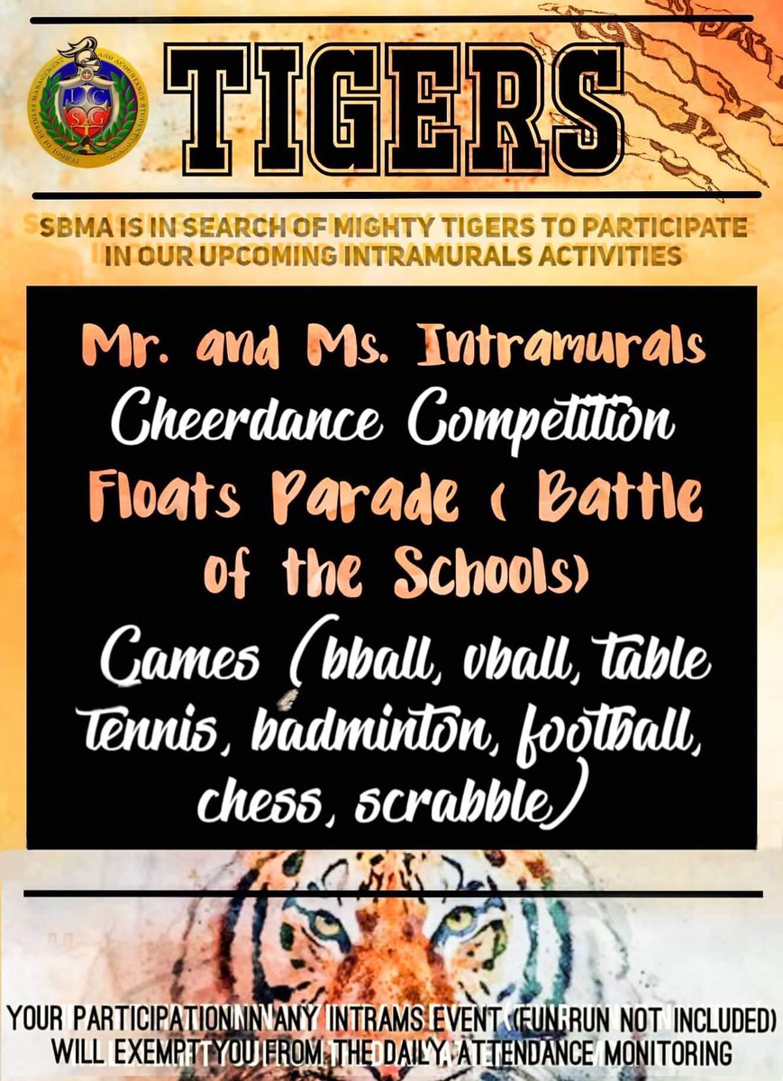 ScSbma's tweet photo. Its the most awaited time of the sem! Lets rock CHAMPIONS! 🐯🐯🐯

For inquiries communicate with

Sports - @JohnryDave 
Float volunteer - @anggeeeeeeeeeee 
Cheerdancers- @peyyfish 
Mr and ms - @blue09 https://t.co/HW3IG0yuyE