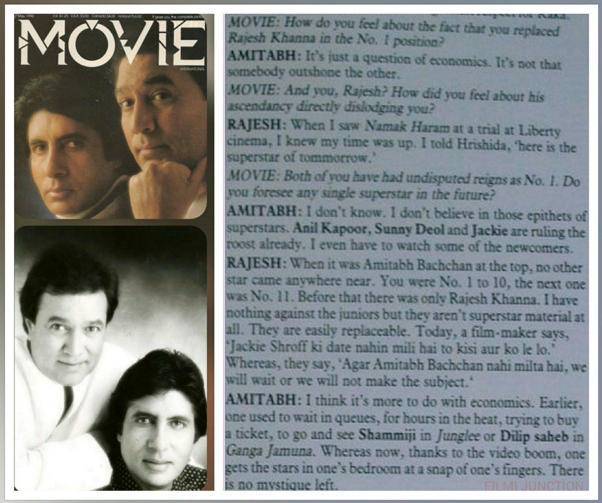 #SundayWithShahenshah: 'When #AmitabhBachchan was at the Top, no other star came anywhere near. He was no.1 to 10, the next one was no.11.'~ #RajeshKhanna had said it in an exclusive interview with #MovieInternational.
#Nostalgia