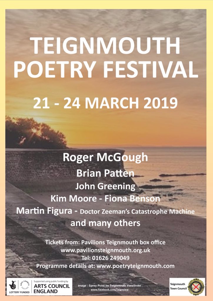 Teignmouth Poetry Festival. Great line up for our 2019 poetry festival next month. poetryteignmouth.com #teignpoets #poetrylibrary #martinfigura #kimmoore #fionabenson