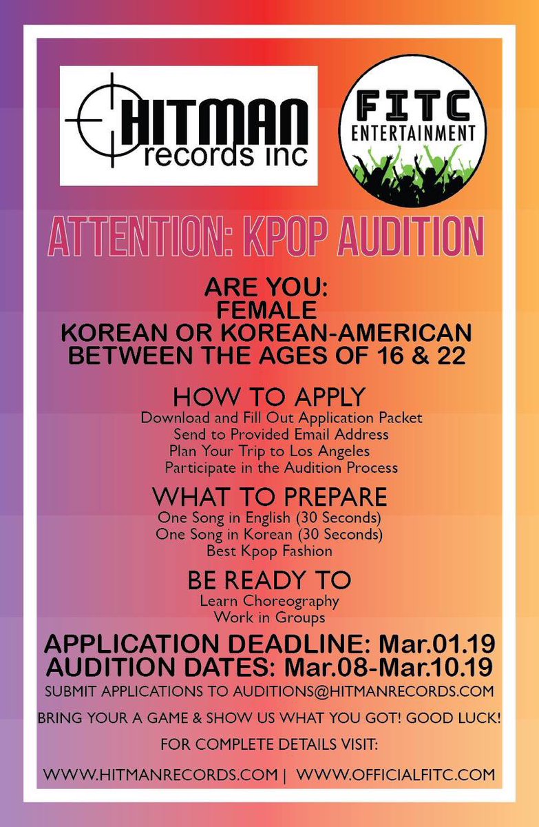 OfficialFITC's tweet photo. We are working with @HitmanRecordsUS to produce a new Kpop Girl Group!! Sign up to take part in our multi day audition now!! https://t.co/EbcRnFfxrT 
#kpopaudition https://t.co/cLrWBwzVve