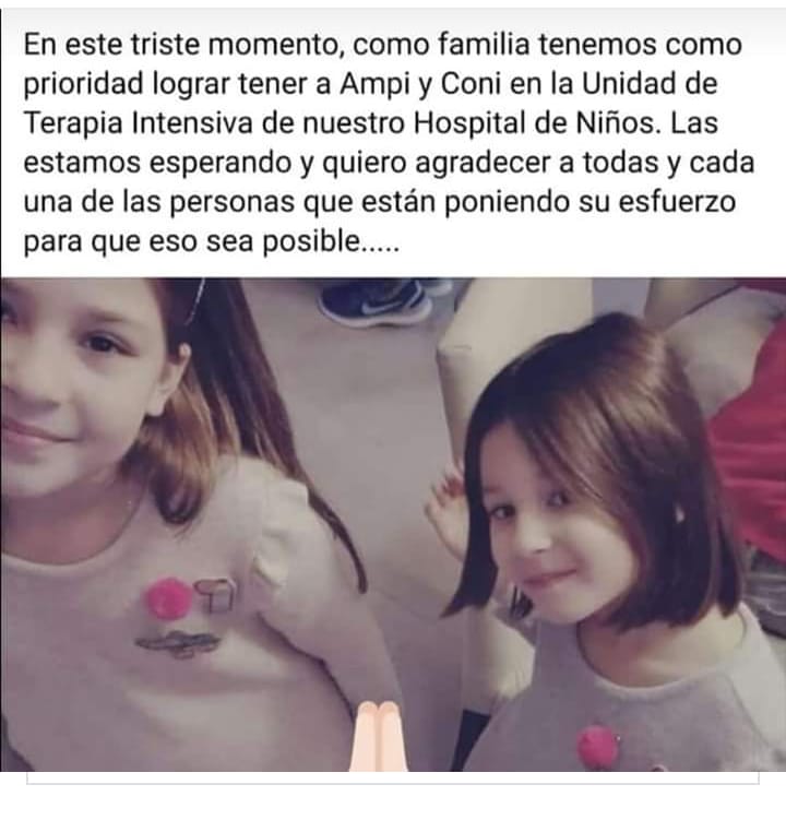 Hugo Alconada Mon (@halconada) on Twitter photo Sus padres murieron en un accidente terrible.
Ellas están internadas y su familia reclama un avión sanitario para trasladarlas a La Plata.
La política dice que sí, pero Pasan las horas y los días, y el avión no aparece.
Por favor, RT. Sus padres murieron en un accidente terrible.
Ellas están internadas y su familia reclama un avión sanitario para trasladarlas a La Plata.
La política dice que sí, pero Pasan las horas y los días, y el avión no aparece.
Por favor, RT.