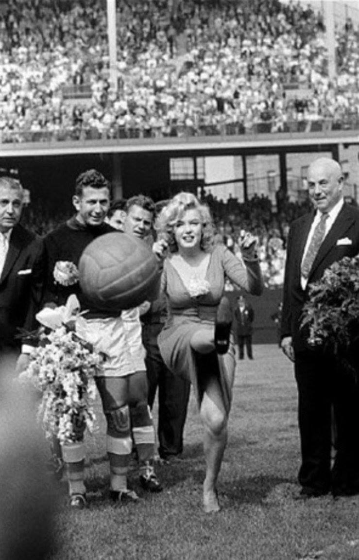 Bob Enriques, Marilyn Monroe kicking off the USA v Israel Soccer International at Ebbets Field, home of the Brooklyn Dodgers, 1959.