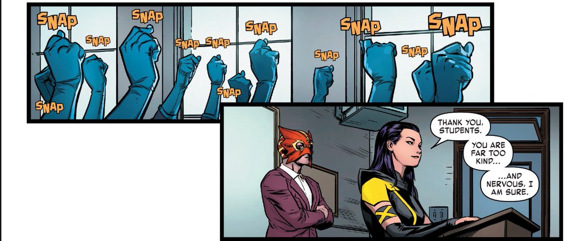 LetsInQUIRE's tweet image. I feel like Quentin's would hate to learn that his fellow X-Students have become finger snappers in Age of X. 

"We're young. We're supposed to have bad attitudes and party andrebel. And If you could just see yourselves! It breaks my heart. You're finger snappers!"