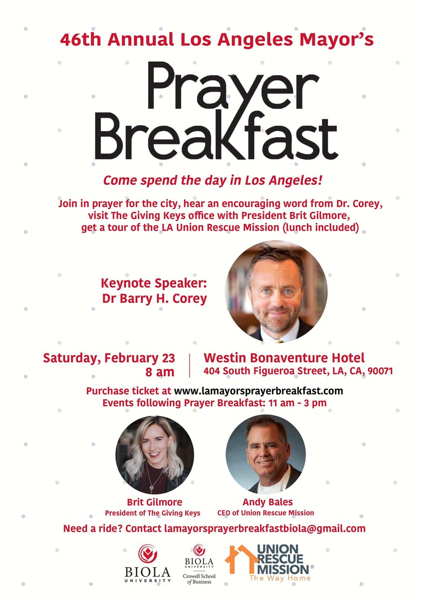 gracekelly356's tweet image. Aye! Your friendly lovable @PresidentCorey is speaking at the LA Mayor’s prayer breakfast! Tours of #givingkeys &amp;amp; @URM will take place afterwards!! Plus @ChickfilA is included!