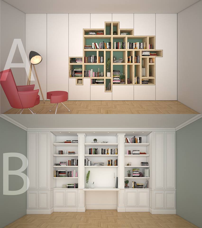 Which one do you prefer? 
Look A or B?
#Bookshelf_Design #Bookshelf #OnlineInteriorDesign